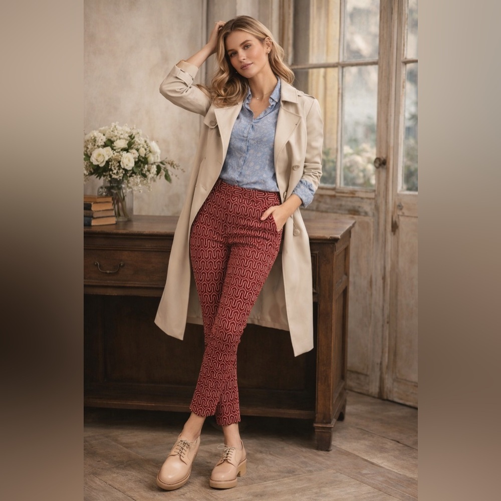 Cartonnier Women's Ankle Cropped Pants Burgundy Beige Size 9